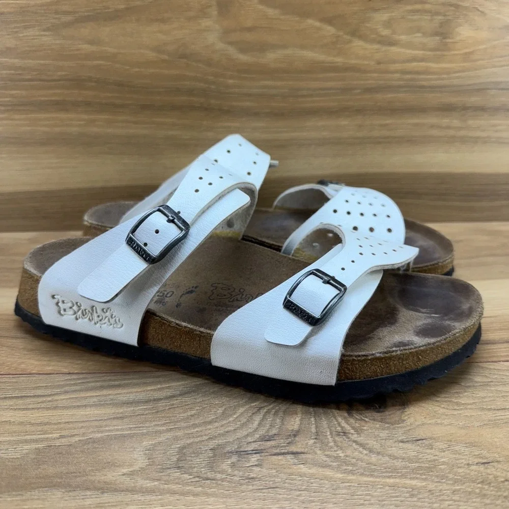 Birkenstock Birkis Sandals 8 N EU 39 White Perf Birko Slides Slip on - Picture 2 of 10
